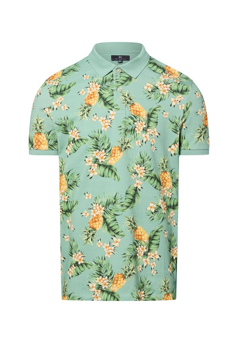Grünes kurzärmeliges Polohemd mit einem Ananas- und Blumenmuster in Gelb und Weiß, mit strukturiertem Kragen und einer Drei-Knopf-Leiste.