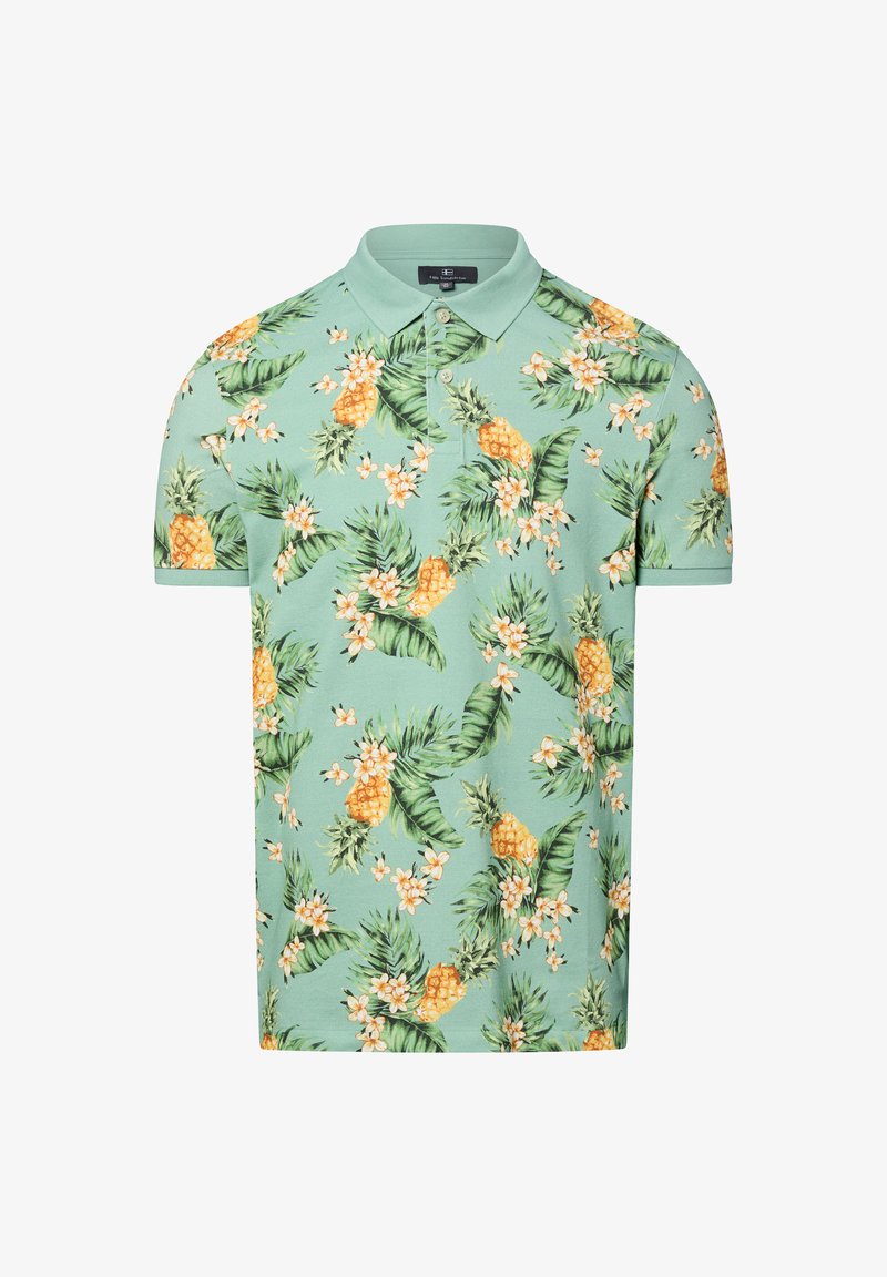 Grünes kurzärmeliges Polohemd mit einem Ananas- und Blumenmuster in Gelb und Weiß, mit strukturiertem Kragen und einer Drei-Knopf-Leiste.