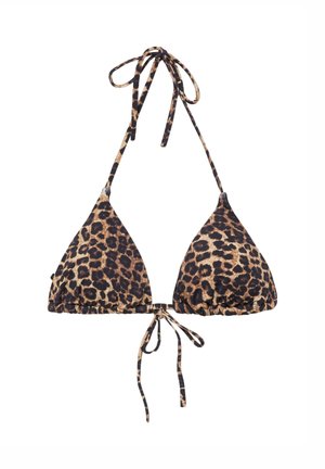 Trójkątny top bikini z regulowanymi troczkami, w brązowo-czarny wzór w cętki na białym tle.