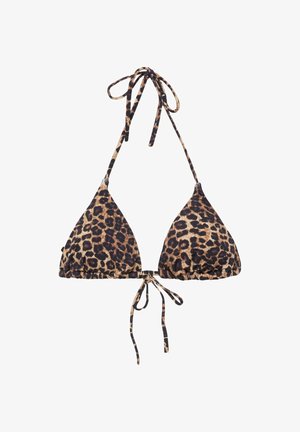 Trójkątny top bikini z regulowanymi troczkami, w brązowo-czarny wzór w cętki na białym tle.