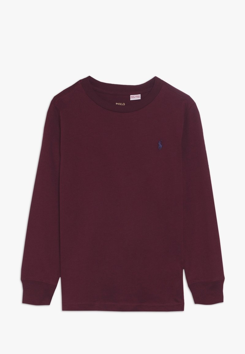 Burgundy långärmad t-shirt i bomull med rund halsringning, med en liten blå logo på vänster bröst och ribbade ärmslut. Slät textur.