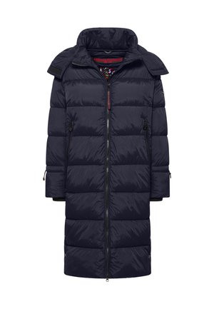 Marineblauwe pufferjas met een hoge kraag, ritsluiting en twee zijzakken. Bevat een doorgestikte ontwerp en verstelbare manchetten. Duurzaam buitenmateriaal.