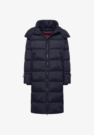 Marineblauwe pufferjas met een hoge kraag, ritsluiting en twee zijzakken. Bevat een doorgestikte ontwerp en verstelbare manchetten. Duurzaam buitenmateriaal.