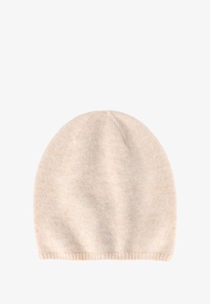 Béžová pletená čepice s měkkou texturou, zaoblenou špičkou a žebrovaným lemem. Mírně melírovaný vzhled s jemnými barevnými variacemi.