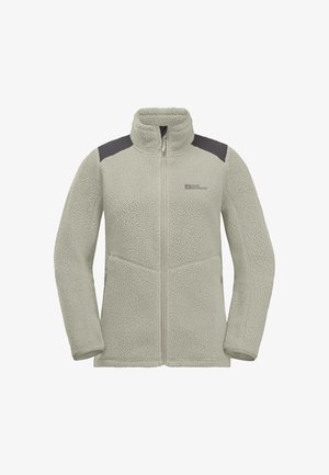 Lichtgrijze fleece jas met een hoge kraag, een volledige rits aan de voorkant en donkergrijze schouderaccenten. Beschikt over twee zijzakken en een gestructureerde stof.