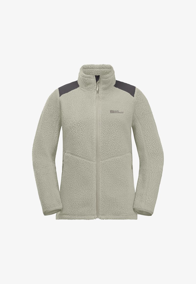 Helle graue Fleece-Jacke mit hohem Kragen, durchgehendem Reißverschluss und dunklen grauen Schulterakzenten. Verfügt über zwei Seitentaschen und strukturierten Stoff.