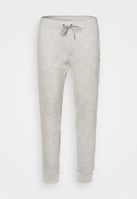 Vaaleanharmaat collegehousut pehmeästä kankaasta, joissa on joustava vyötärönauha ja kiristysnauha, resorit lahkeissa ja sivutaskut.