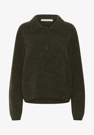 Dunkelgrüner Wollmix-Pullover mit klassischem Kragen, zweireihiger Knopfleiste und langen Ärmeln. Weiche Textur mit verkürztem Saum.