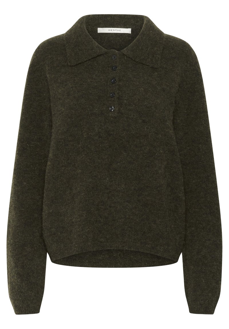 Dunkelgrüner Wollmix-Pullover mit klassischem Kragen, zweireihiger Knopfleiste und langen Ärmeln. Weiche Textur mit verkürztem Saum.