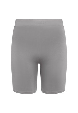 Pilkos dviratininko šortai, pagaminti iš lygios, elastinės medžiagos. Savybės: vidutinio aukščio juosmens juosta ir nematomos siūlės. Klasikinis, prigludęs dizainas.