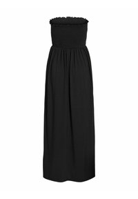 Robe maxi noire sans bretelles avec corsage froncé et taille froncée, jupe droite fluide, sans accessoires visibles ni arrière-plan.