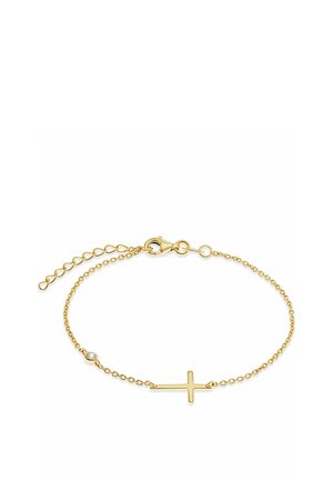 Bracelet délicat en chaîne d'or avec un pendentif croix horizontale et un petit diamant rond près du fermoir, sur un fond blanc.