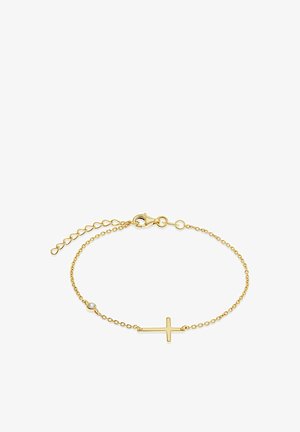 Bracelet délicat en chaîne d'or avec un pendentif croix horizontale et un petit diamant rond près du fermoir, sur un fond blanc.