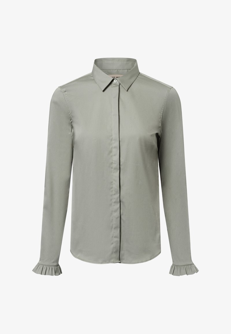 Camicia a maniche lunghe verde chiaro realizzata in tessuto morbido. Presenta un colletto classico, chiusura anteriore con bottoni e polsini arricciati sulle maniche.