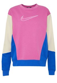 Nike sweatshirt featuring pink, blue, and cream color blocking. Rounded neckline, long sleeves, and logo in white on the chest. Soft texture.