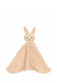 Soft beige plush lovey shaped like a rabbit with floppy ears, embroidered facial features, and a smooth, rounded blanket body.