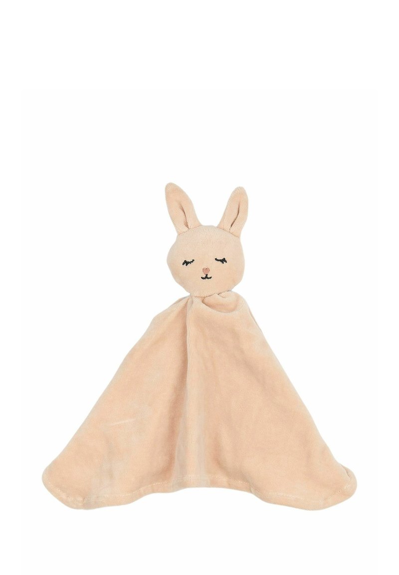 Soft beige plush lovey shaped like a rabbit with floppy ears, embroidered facial features, and a smooth, rounded blanket body.