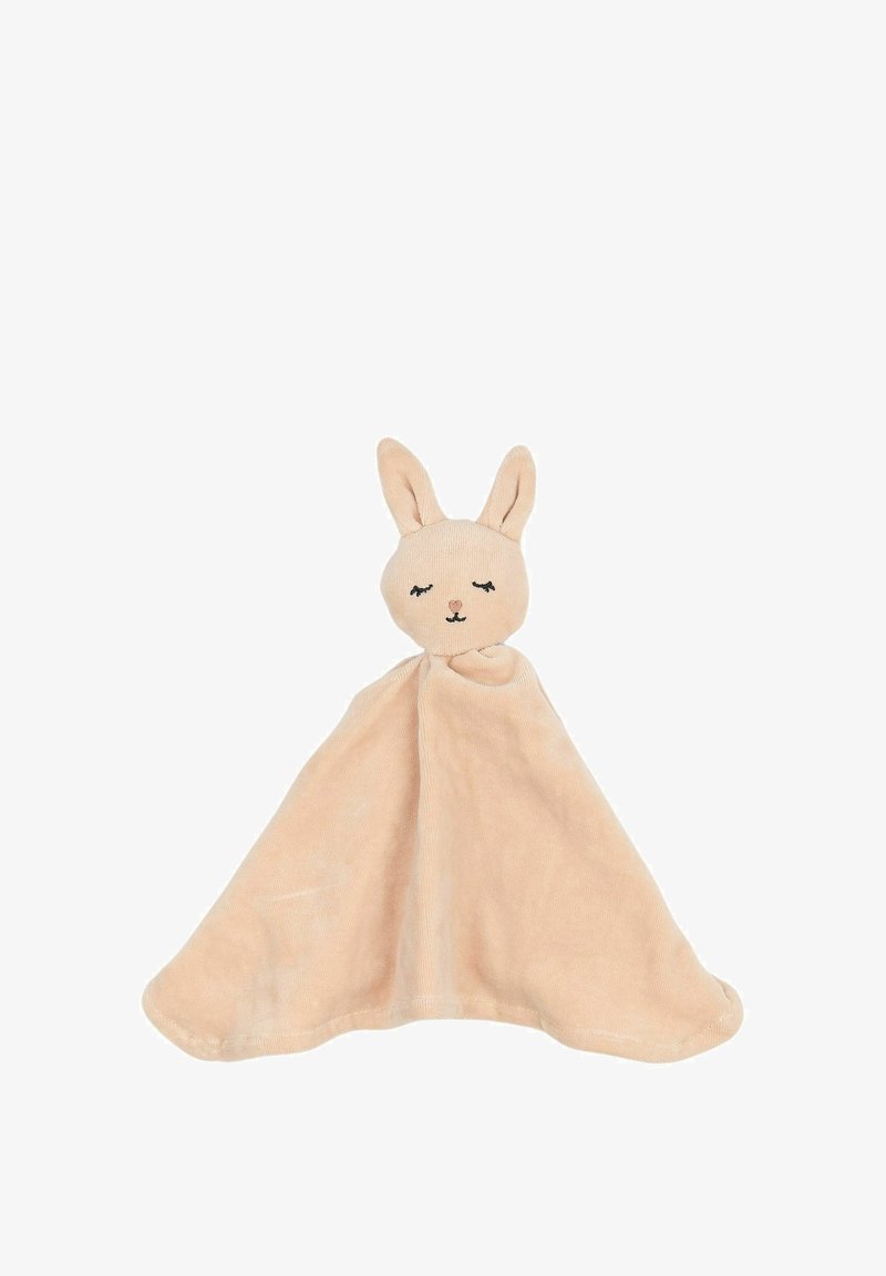 Mīksts bēšs mīkstais izstrādājums, kas veidots kā zaķis ar karājām ausīm, izšūtām sejas iezīmēm un gludu, noapaļotu sega ķermeni.