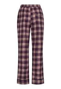 Checked pants in deep plum and soft pink tones, featuring an elastic waistband, straight leg design, and a back pocket.