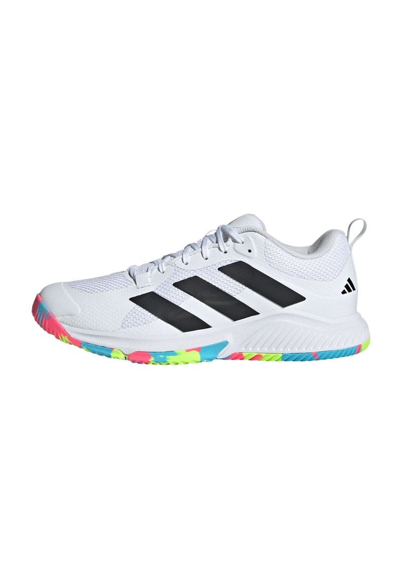 White athletic shoe with black stripes, mesh upper, and a textured sole featuring vibrant pink, green, and blue accents. Lightweight design.