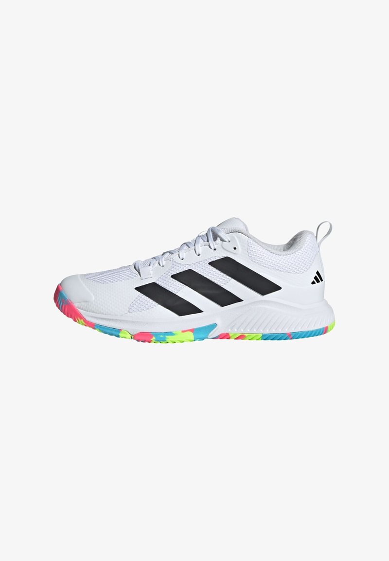 White athletic shoe with black stripes, mesh upper, and a textured sole featuring vibrant pink, green, and blue accents. Lightweight design.