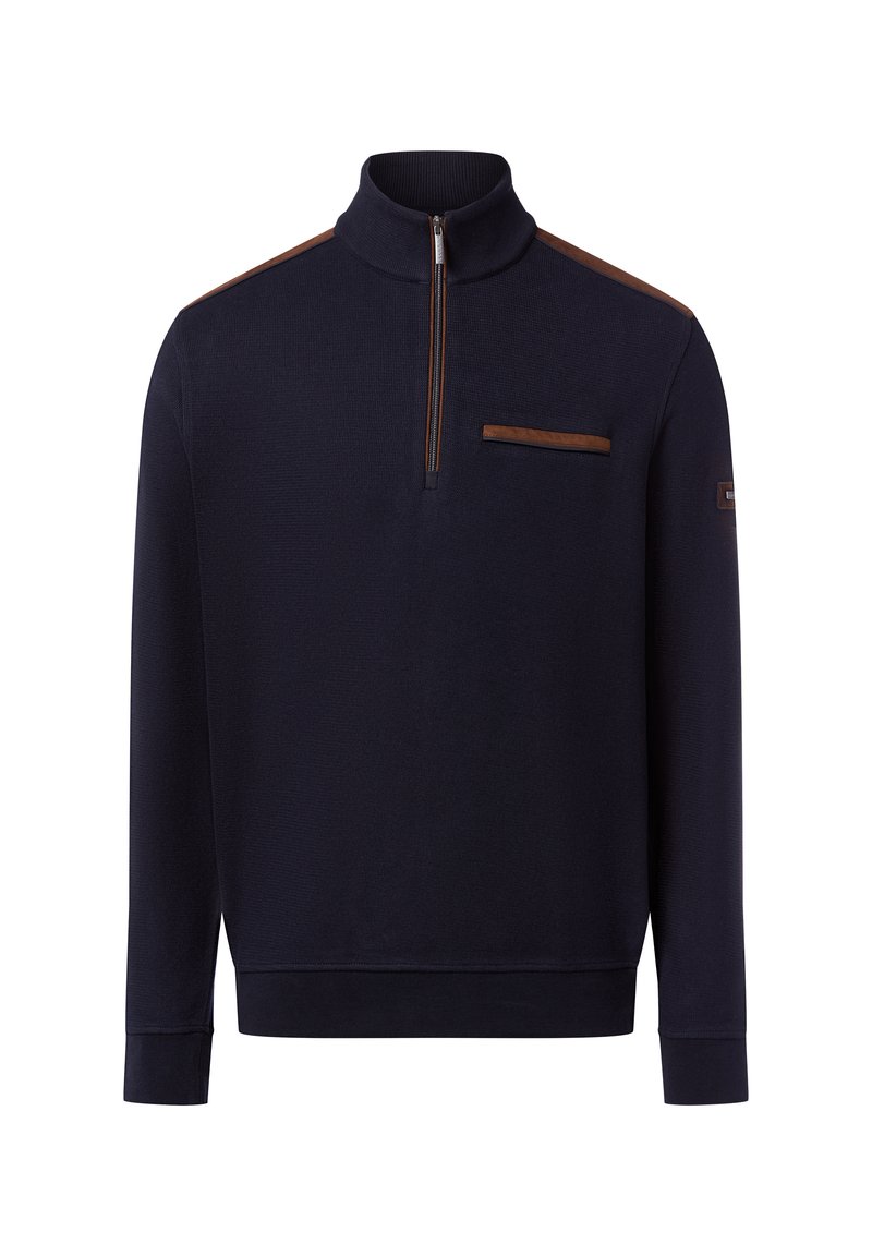 Granatowy polarowy pulower z wysokim kołnierzem i pół zamkiem. Posiada brązowe skórzane akcenty na ramionach oraz kieszeń na piersi. Wykończenie z prążkowanym ściągaczem.