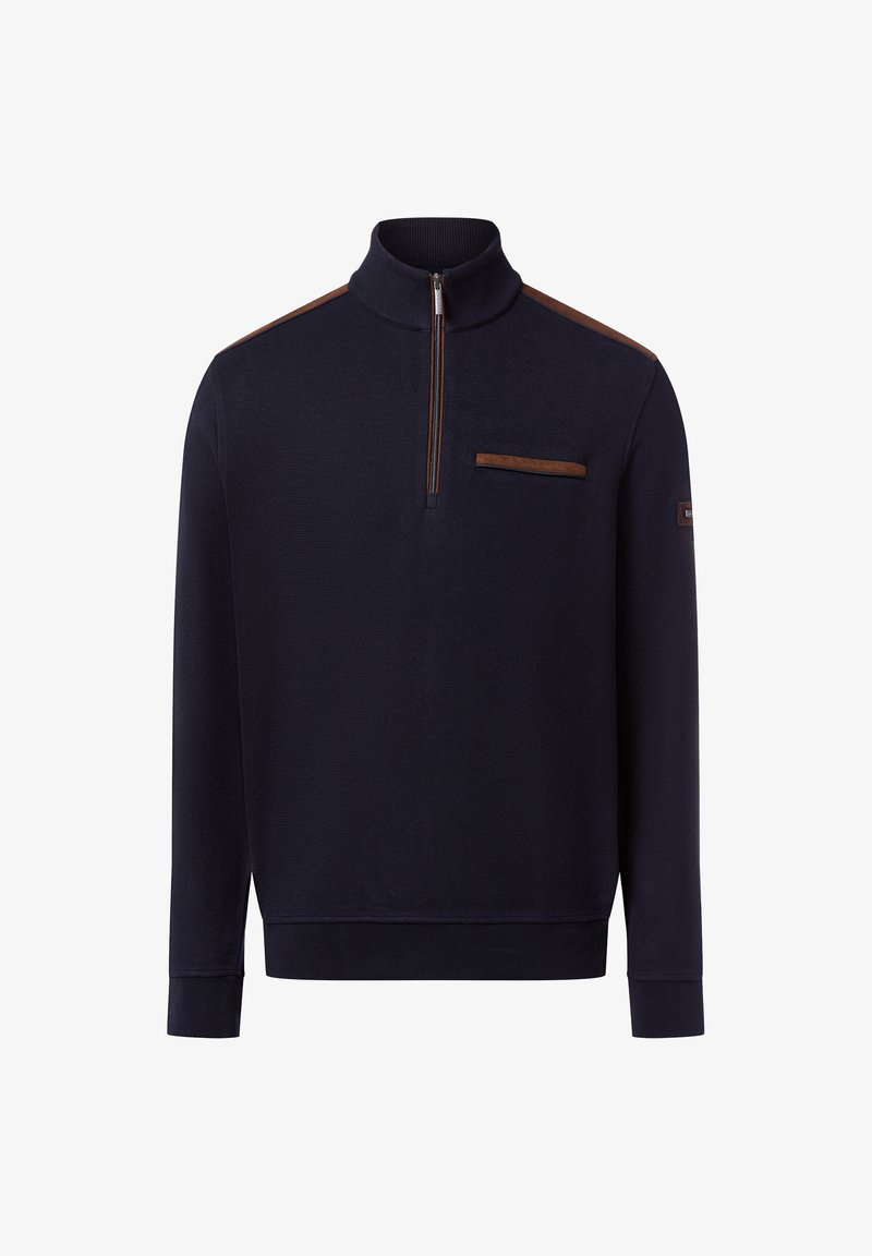 Granatowy polarowy pulower z wysokim kołnierzem i pół zamkiem. Posiada brązowe skórzane akcenty na ramionach oraz kieszeń na piersi. Wykończenie z prążkowanym ściągaczem.