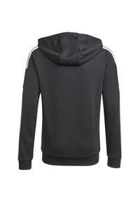 Sudadera negra con una textura suave, que cuenta con capucha, puños y dobladillo de canalé, y franjas blancas a lo largo de las mangas. Sin diseño frontal visible.