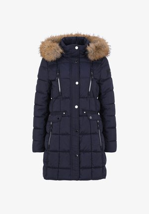 Manteau d'hiver matelassé bleu marine avec fermeture éclair à l'avant et boutons-pression, quatre poches zippées et une capuche à bord en fausse fourrure marron.