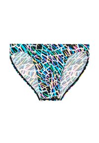 Koupací slipy s vzorovaným designem, které mají černý základ a geometrické tvary v modré, růžové a zelené barvě. Vyrobeny z elastického, hladkého materiálu.