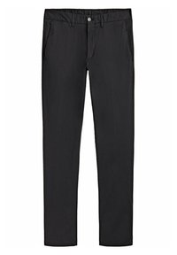 Pantaloni neri con una texture liscia, chiusura frontale con bottone, passanti per cintura e tasche laterali, caratterizzati da un design a gamba dritta.