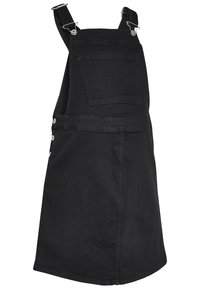 Sort denim overallkjole med justerbare stropper, en forlommer, sidelukninger og lige snit. Glat tekstur og minimale syninger.