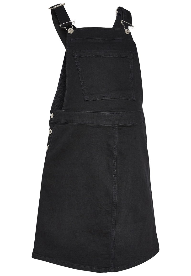 Robe salopette en denim noir avec bretelles réglables, une poche avant, des boutons sur le côté et une coupe droite. Texture lisse et détails de couture minimaux.