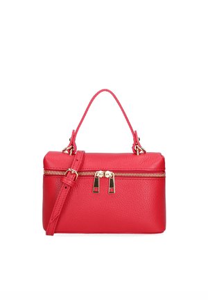 Piccola borsa a tracolla in pelle rossa con cerniera dorata e tracolla regolabile, dotata di manico superiore per il trasporto.
