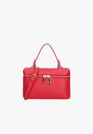 Piccola borsa a tracolla in pelle rossa con cerniera dorata e tracolla regolabile, dotata di manico superiore per il trasporto.