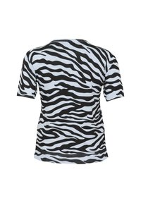 Krátky rukáv, svetlomodrý top vyrobený z látky so vzorom čierneho zebra pruhu. Okrúhly výstrih s rebrovanou textúrou a priliehavý strih.
