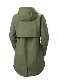 Αδιάβροχο μπουφάν πράσινο ελιάς με κουκούλα, με μακρύτερη πλάτη, ευθεία κοπή και λείο ύφασμα. Χωρίς ορατά εξαρτήματα ή σχέδια.