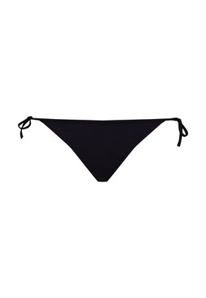 Schwarzer Bikini-Slip mit seitlichen Bindebändern, tiefer Bundhöhe und schlichtem Design auf weißem Hintergrund.