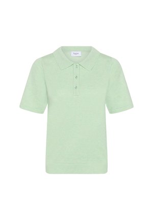 Svetlozelená polokošeľa s krátkym rukávom, tromi gombíkmi a preloženým golierom, zobrazená na bielom pozadí.