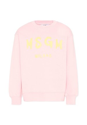 Sweatshirt rose pâle à manches longues avec le texte jaune "MSGM MILANO" imprimé sur le devant, avec poignets et ourlet côtelés.