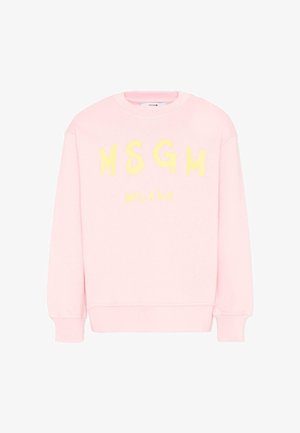 Sweatshirt rose pâle à manches longues avec le texte jaune "MSGM MILANO" imprimé sur le devant, avec poignets et ourlet côtelés.