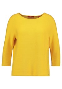 Gelbes, geripptes Strickoberteil mit weitem Rundhalsausschnitt und Dreiviertelärmeln. Hat einen geraden Saum und ein kleines Logo-Detail am unteren Ende.