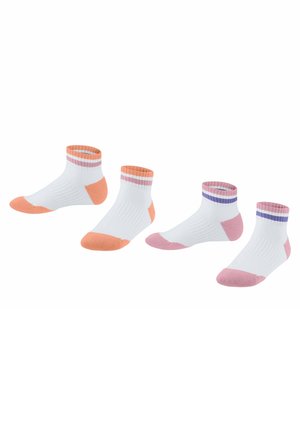Drei Paare Sneakersocken: weiß mit orangefarbenen, rosa und lila Akzenten, mit gerippten Bündchen und einem strukturierten Muster an den Seiten.