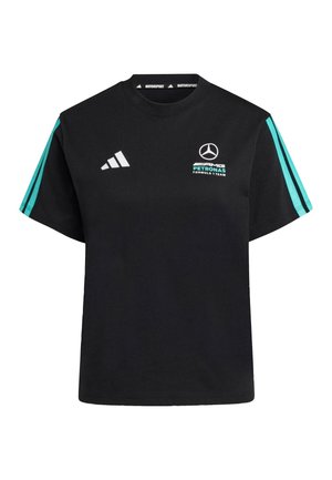 Schwarzes Baumwoll-T-Shirt mit Rundhalsausschnitt, ausgestattet mit türkisfarbenen Streifen an den Ärmeln und weißen Logos von Adidas und Mercedes-AMG Petronas.