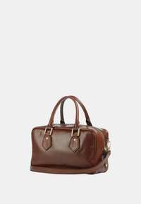 Borsa a mano in pelle marrone con doppie maniglie superiori, hardware dorato, chiusura a zip, forma strutturata e tracolla staccabile laterale.