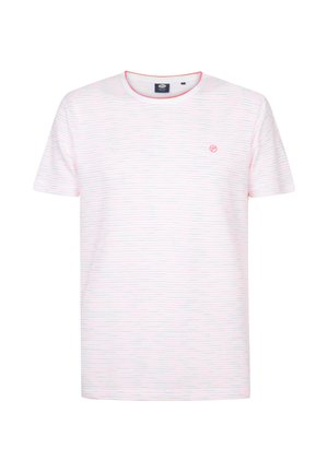 Weißes T-Shirt mit kurzen Ärmeln, dünnen rosa horizontalen Streifen und einem kleinen rosa runden Logo auf der Brust.
