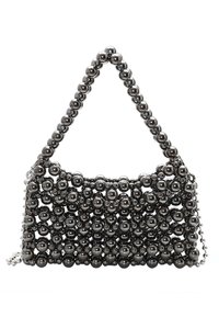 Metallische schwarze Handtasche aus runden Perlen, mit einer strukturierten Form und einem kurzen Griff, reflektierender Textur und offenem Design.