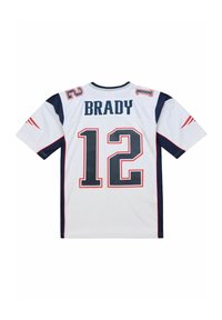Weißes Sporttrikot mit blauen und roten Akzenten, auf dem Rücken in fetter Schrift mit "BRADY" und der Nummer "12". Kurze Ärmel.