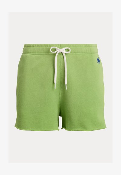 Jasnozielone dzianinowe szorty z białym sznurkiem w talii i małym niebieskim wyszywanym logo po prawej stronie.