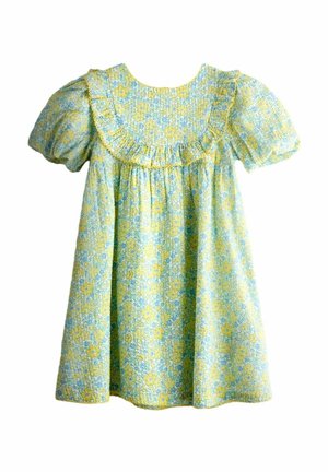 Kék és sárga virágmintás ruha rövid fodros ujjakkal, fodros nyakkivágással és laza szabással. Pamut anyag, puha tapintású.